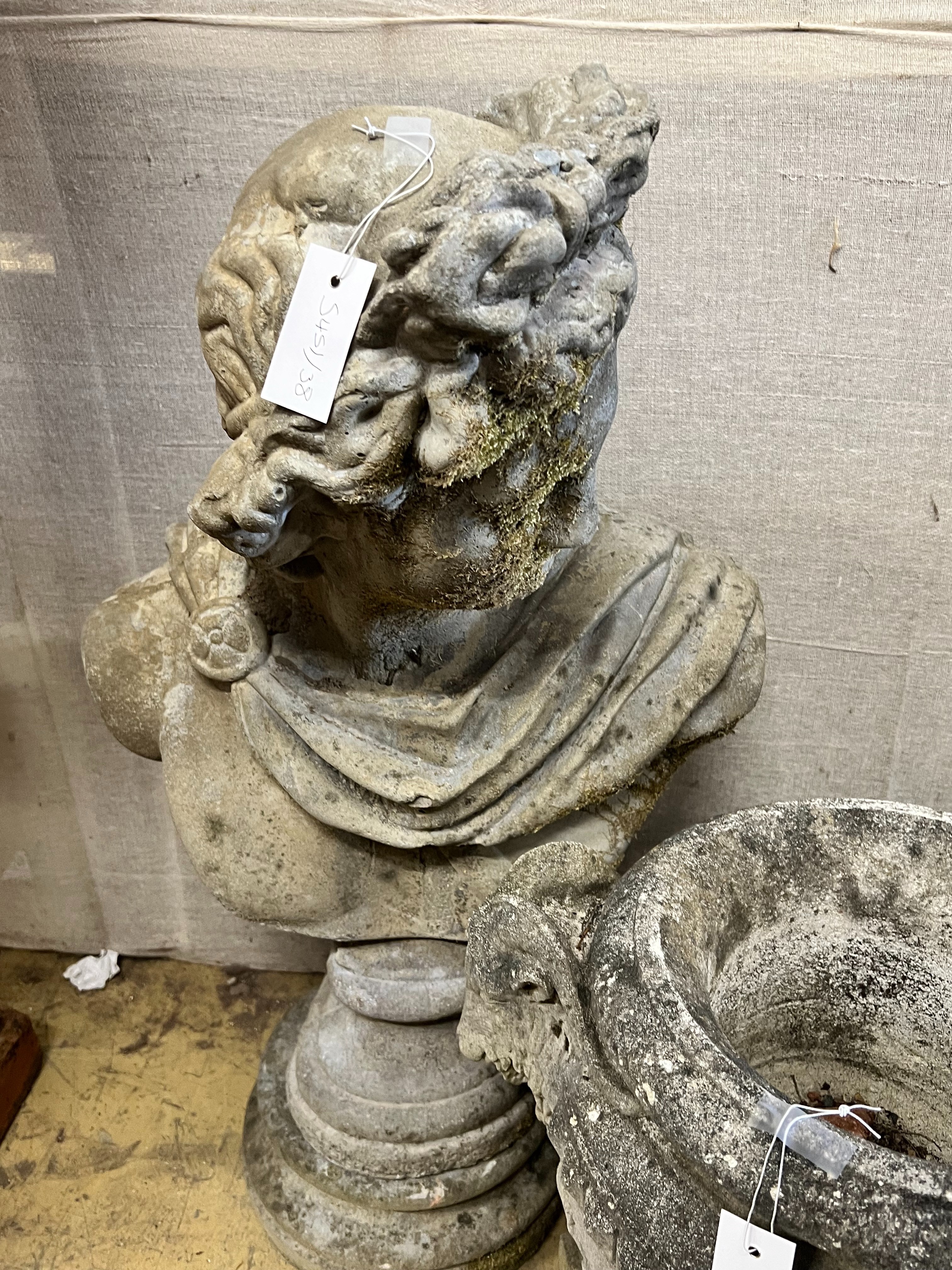 A reconstituted stone garden classical bust, height 90cm